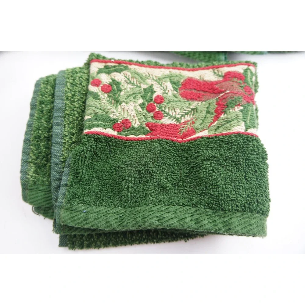 Santens Towel Set 4 Piece Green Holly Bow Pine Christmas‎ Holiday Cotton EUC